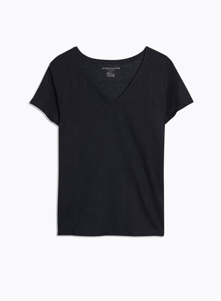 T-Shirt mit V-Ausschnitt und kurzen Ärmeln Leinen / Elasthan