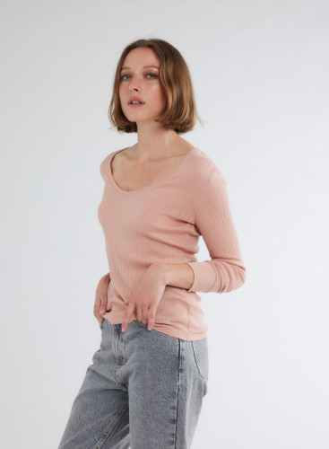 Long Sleeves U-neck T-shirt in Organic Cotton / Modal / Elastane