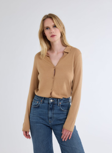 Long Sleeves Open neck Shirt in Organic Cotton / Cashmere