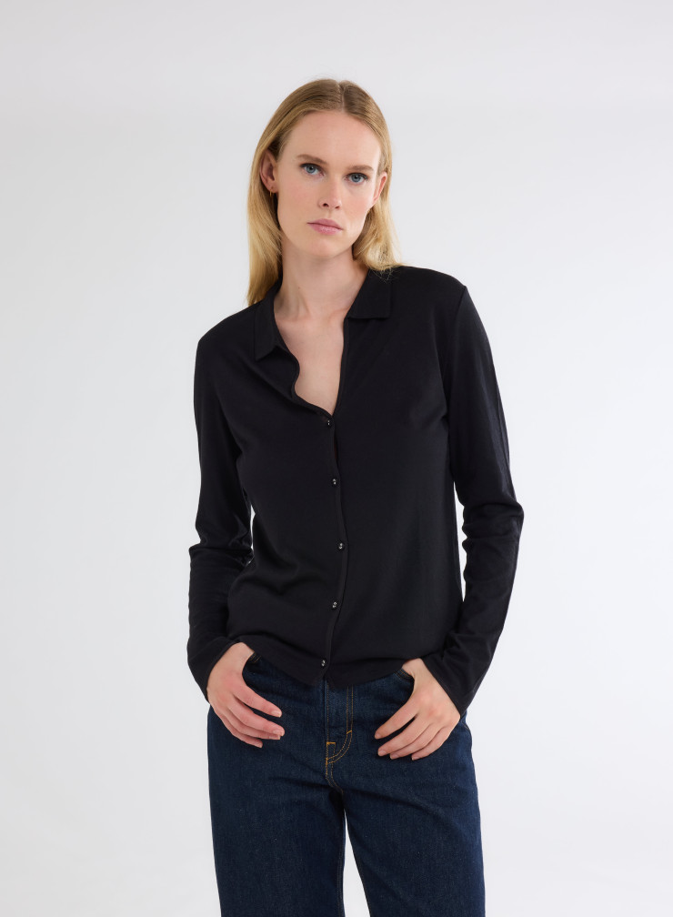 Long Sleeves Open neck Shirt in Organic Cotton / Cashmere