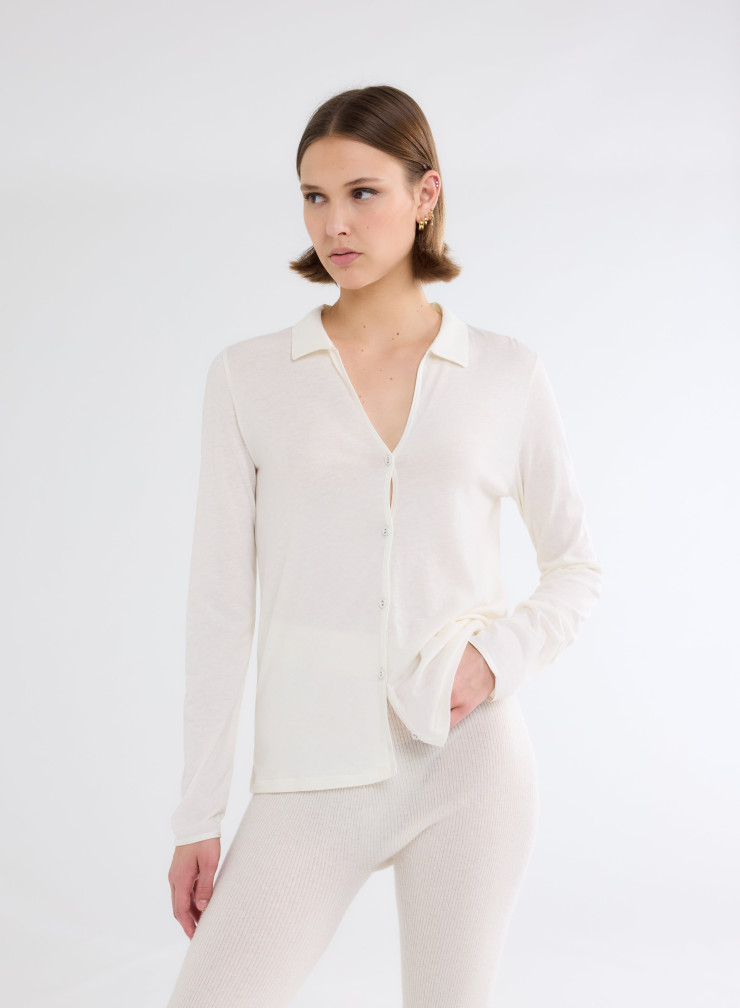 Long Sleeves Open neck Shirt in Organic Cotton / Cashmere