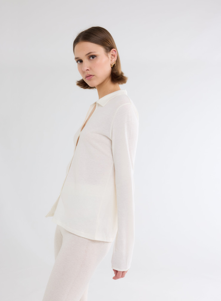 Long Sleeves Open neck Shirt in Organic Cotton / Cashmere