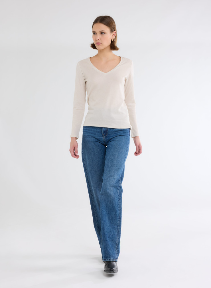 Long Sleeves V-neck T-shirt in Organic Cotton / Cashmere