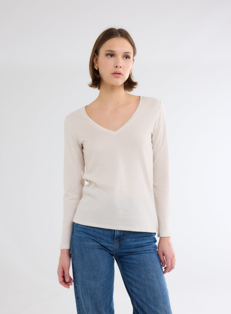 Long Sleeves V-neck T-shirt in Organic Cotton / Cashmere