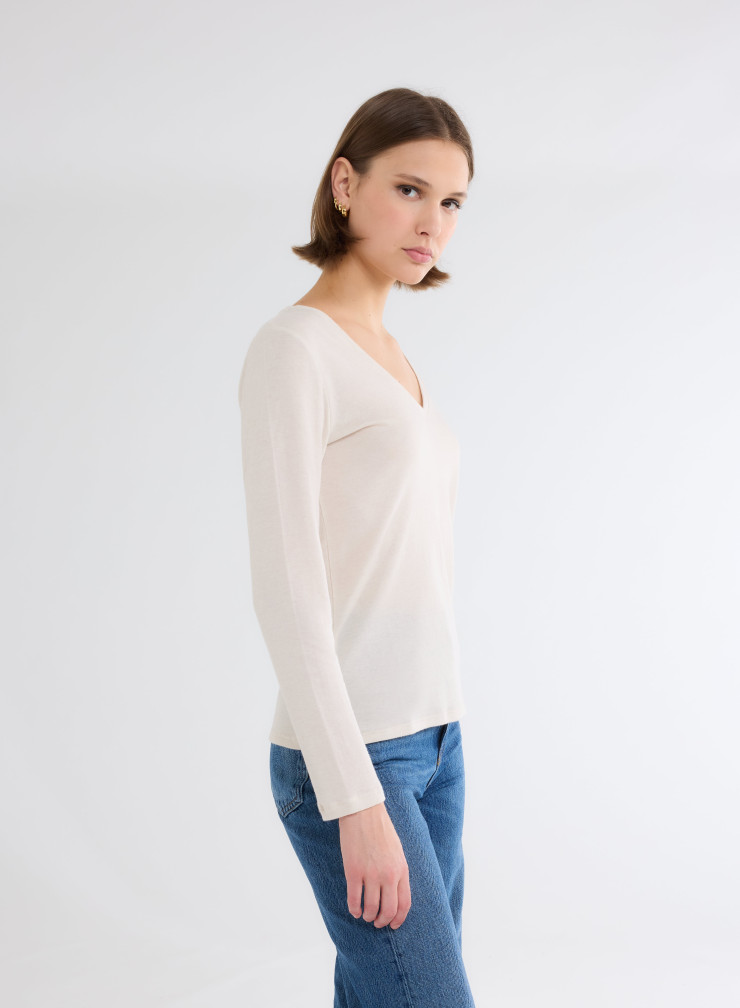 Long Sleeves V-neck T-shirt in Organic Cotton / Cashmere