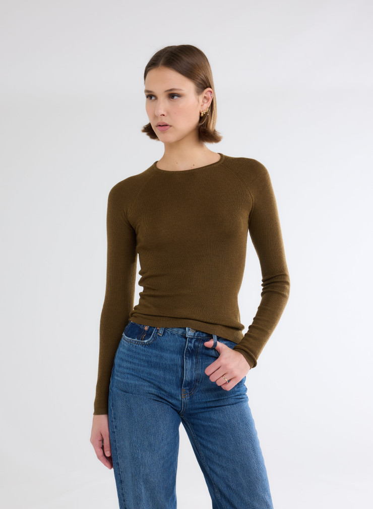 Long Sleeves Sweater V-neck in Merino Wool / Silk