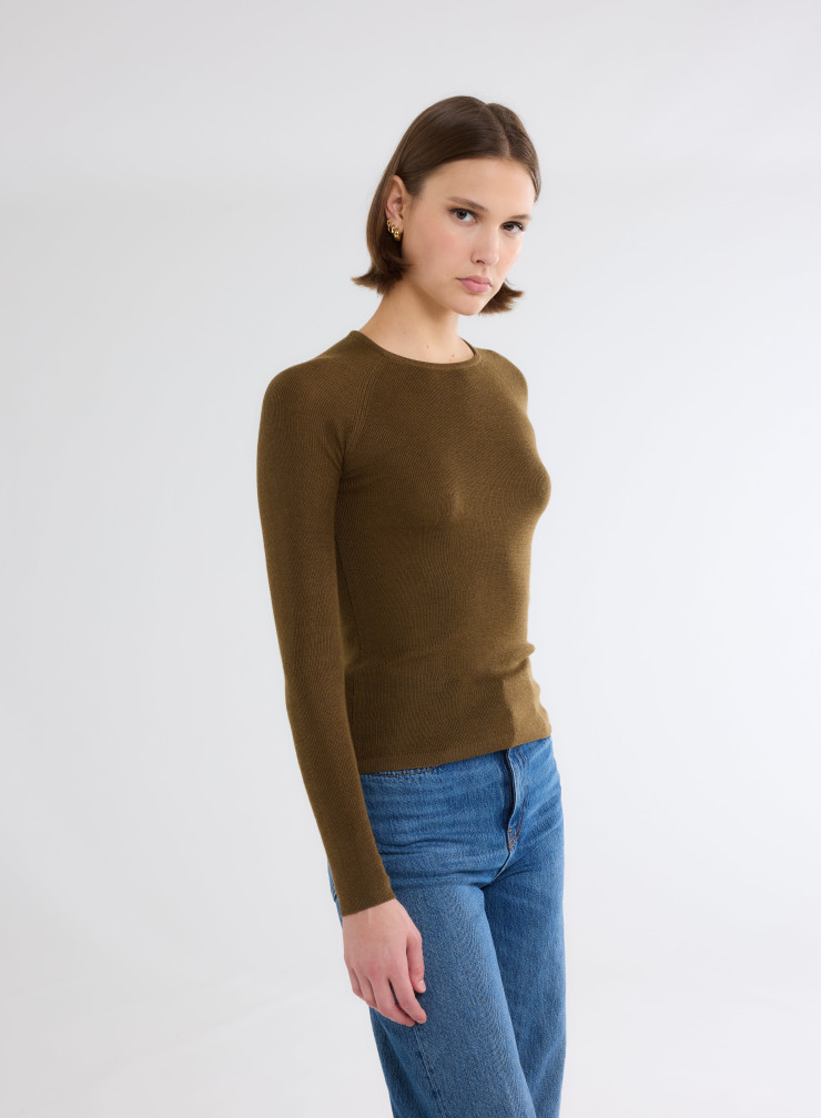 Long Sleeves Sweater V-neck in Merino Wool / Silk