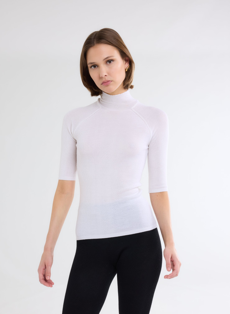 Pull Manches Coudes Col Montant en Laine Merinos / Soie