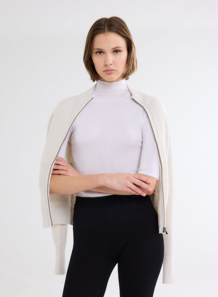 Pull Manches Coudes Col Montant en Laine Merinos / Soie