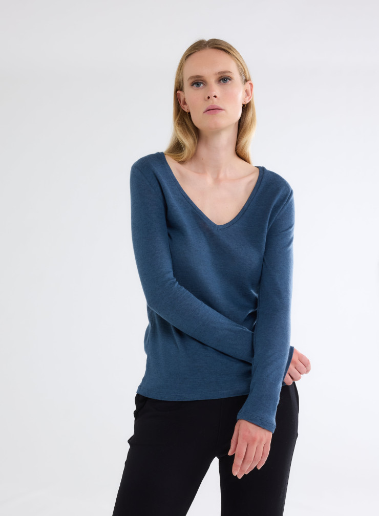 Long Sleeves V-neck T-shirt in Organic Cotton / Cashmere