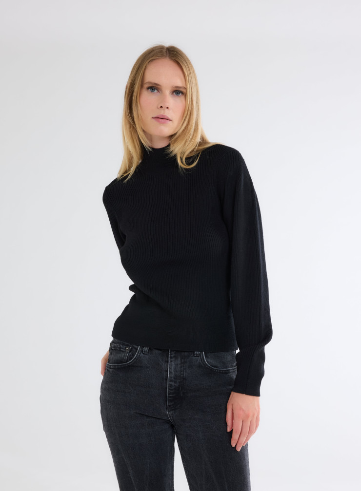 Pull Manches Longues Col Montant en Laine Merinos