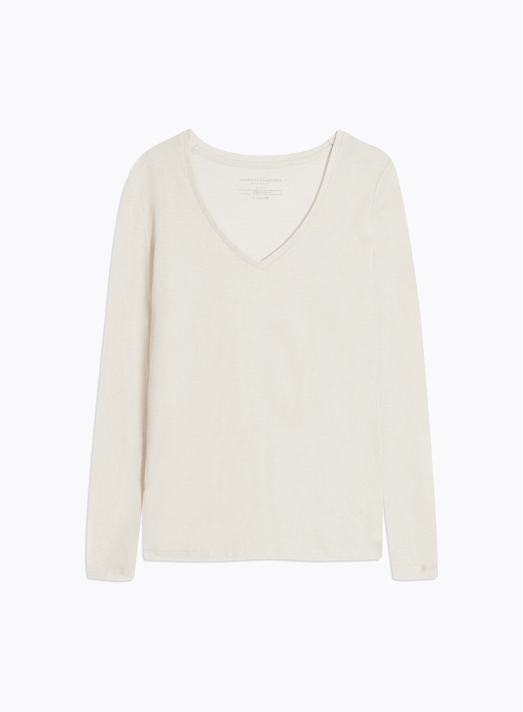 Long Sleeves V-neck T-shirt in Organic Cotton / Cashmere