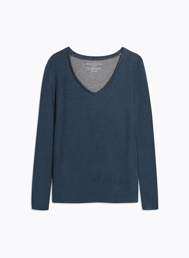 Long Sleeves V-neck T-shirt in Organic Cotton / Cashmere